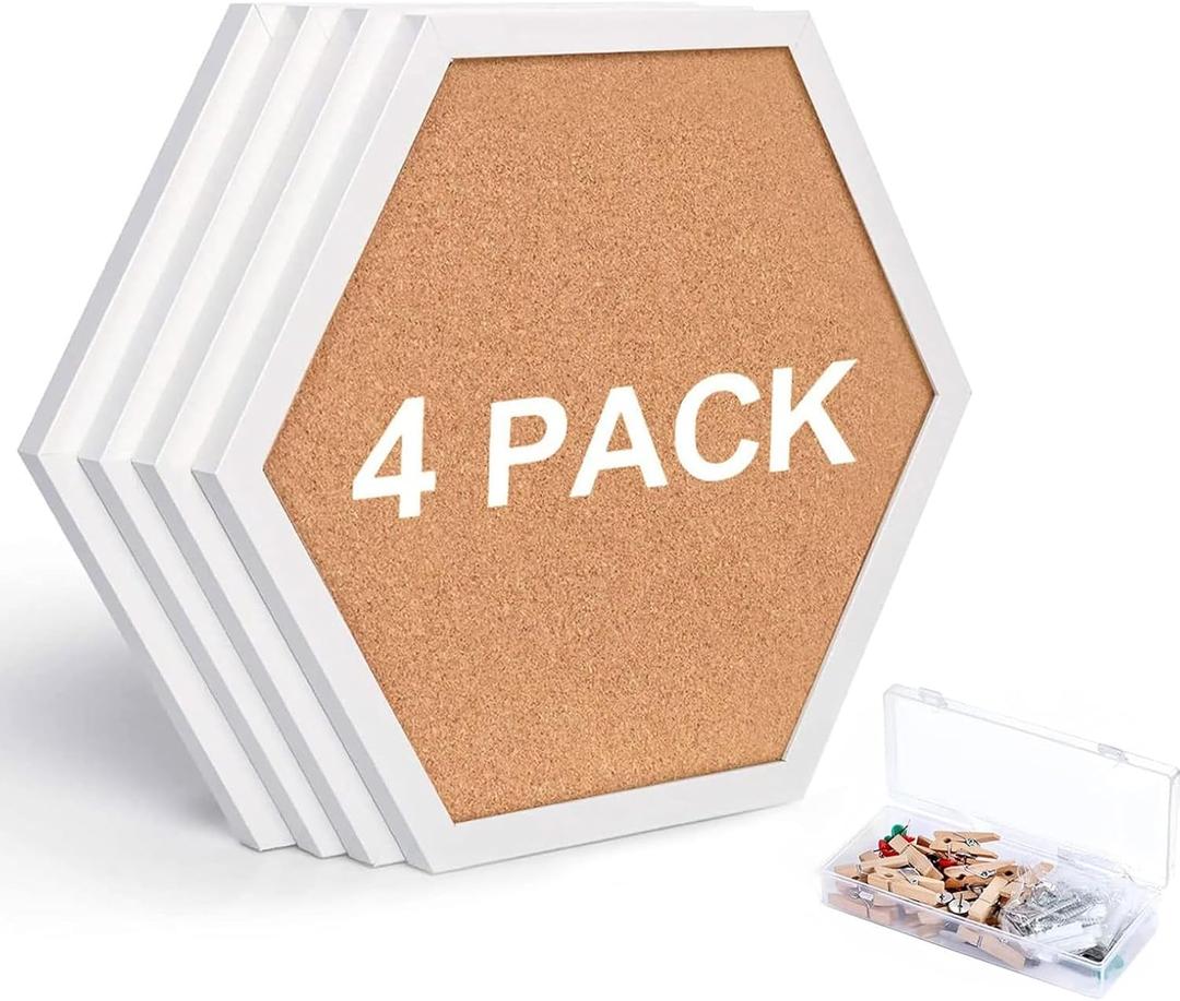 Cork Bulletin Board Hexagon White, Small Framed Corkboard Tiles for Wall, Thick Decorative Display Boards for Home Office Decor, School Message Board (4 Pack)