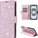 Compatible with iPhone 16 6.1" Bling Wallet Case with Credit Card Holder,Women Glitter Flip Phone Case Sparkle Rhinestone，RFID Blocking PU Leather Kickstand Shockproof Cover(Pink)
