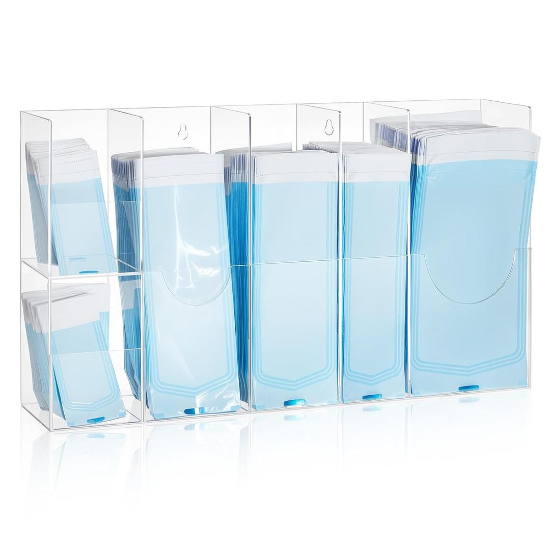 Leinuosen Clear Acrylic Sterilization Pouches Dispenser Rack Organizer Multi-Sized 6 Divided Stations Wall Mount Holder for All Size Sterilization Pouches