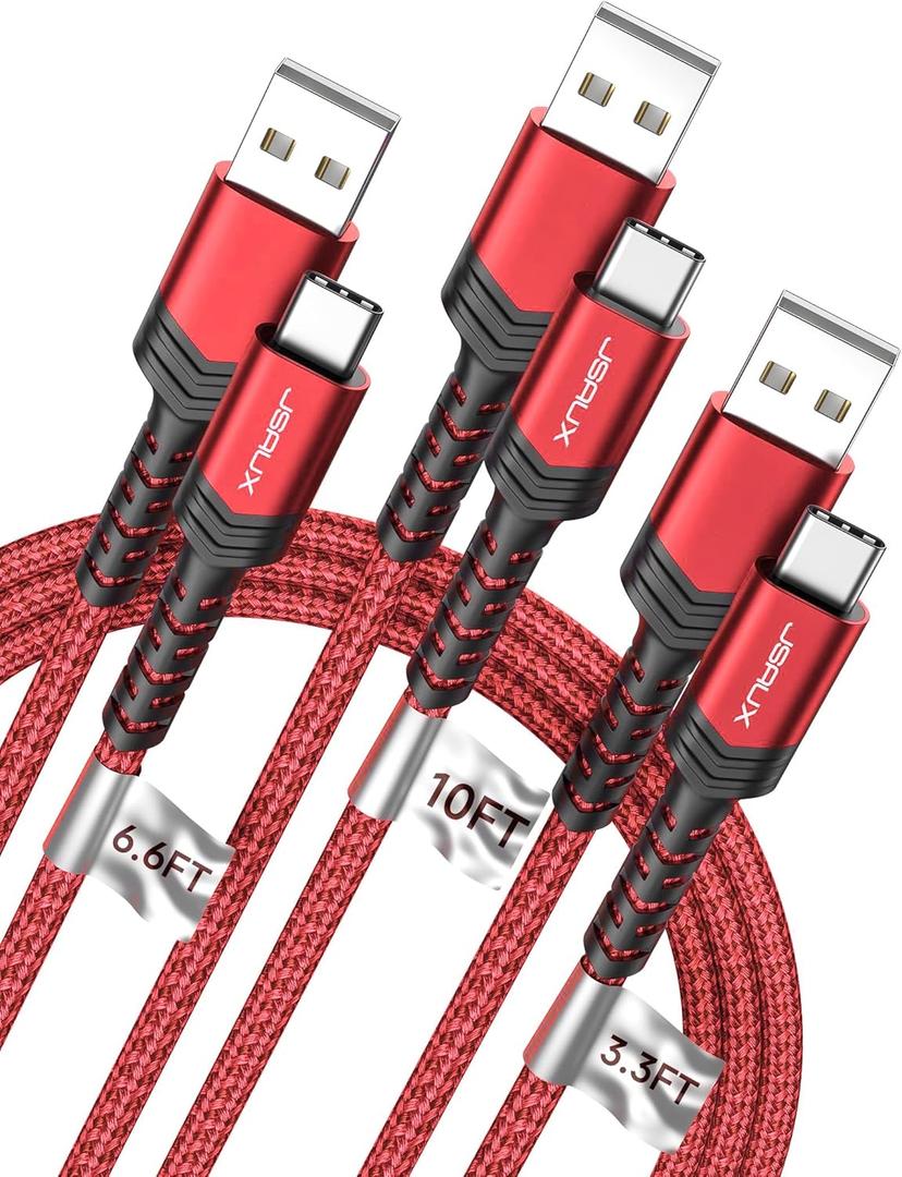 JSAUX USB C Cable Fast Charging, 3-Pack (10ft+6.6ft+3.3ft) USB A to Type C Charge Cord for iPhone 17/17 Pro/17 Pro Max, iPhone 16/16 Pro/16 Pro Max, Samsung Galaxy S21 S20 Note 20, USB C Charger(Red)