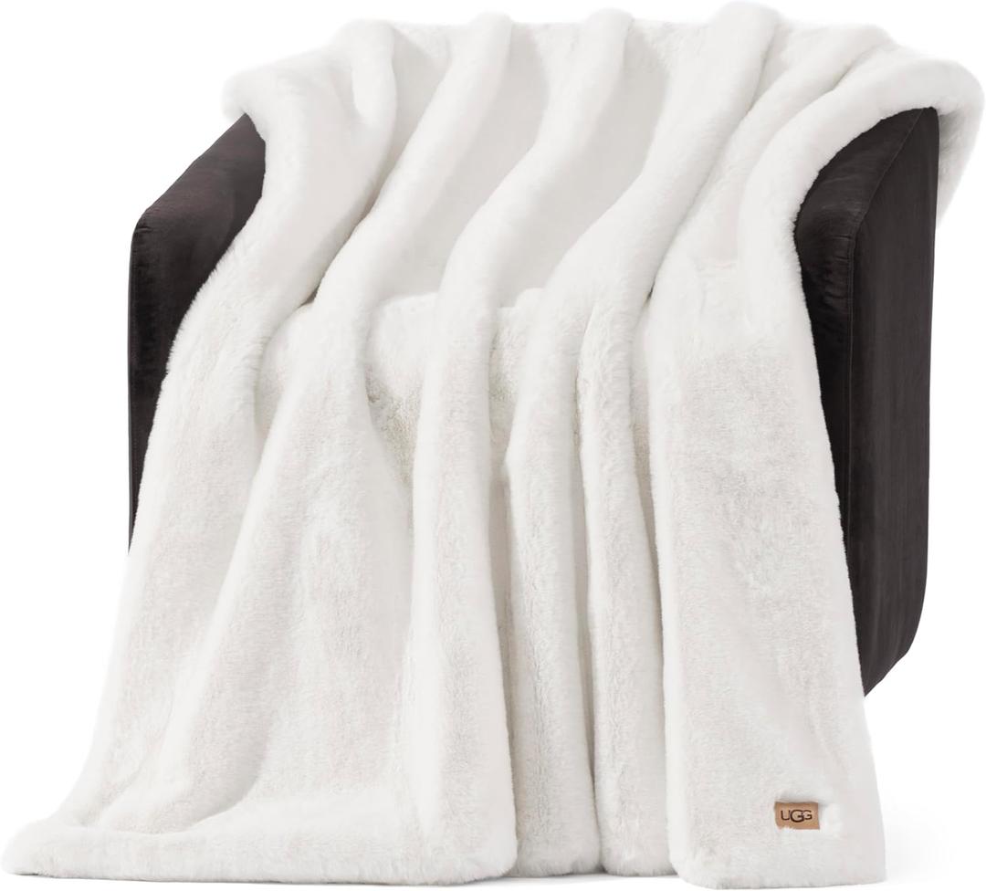UGG Euphoria Faux Fur Throw Blanket, Warm Fluffy Throw for Couch or Bed, Luxury Bedroom Decor, Fluffy Blankets, Machine Washable, 50-inch x 70-inch, White Snow
