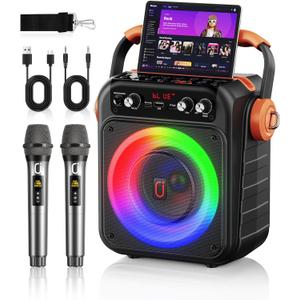 Karaoke Machine with 2 Wireless Microphones Portable Karaoke Bluetooth 5.3 Light Speaker, PA System Home Party with Subwoofer, Disco Lights, Supports TV/REC/FM/AUX/USB/TF for Gifts Adult Kids