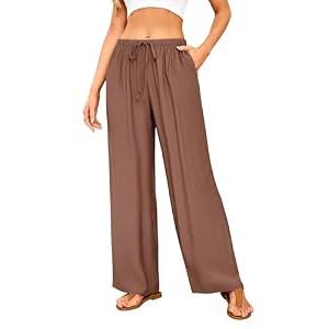 GUOLEZEEV Women Flowy Linen Pants Wide Leg Drawstring Loose Casual Pants Vacation Beach Trouser Brown, XL