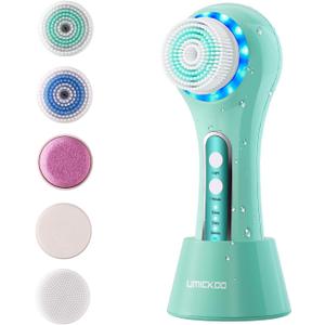 UMICKOO Electric Facial Cleansing Brush, 2-Way Rotating Face Scrubber for Daily & Deep Cleaning, 3 Modes, 5 Brush Heads, Rechargeable, IPX7 Waterproof for All Skin Types