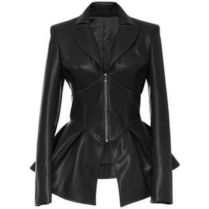 Women's Fashion Perfectly Shaping Zip Up Long Sleeves Faux Leather Biker Jacket (Black, M)