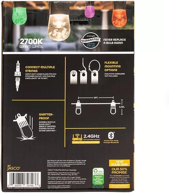 Cafe Lights Classic Color Changing String Lights, 24ft Black Cord, 12 Bulbs Shatterproof Acrylic Bulbs, Weatherproof, Wi-Fi Dimmable RGB LED, Outdoor String Lights 62 Colors, 74748