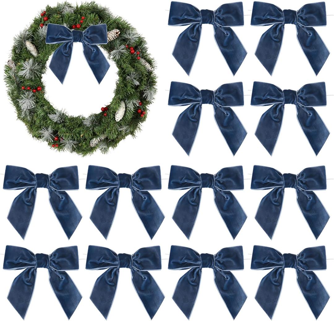 AIMUDI Dusty Blue Velvet Bows 4.5" Christmas Bows for Tree Premade Bows for Wreaths Twist Tie Bows for Gift Wrapping, Festive Winter Decor, Tree Garland, Swag, Wedding Decor - 12 PCs