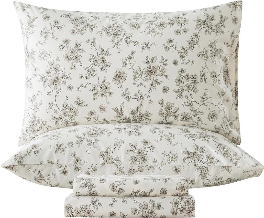 Zusbest Queen Size Bed Sheet Set 100% Cotton Tan Floral Beige Patterned Sheets Vintage Peony Flower Printed Bedding Luxury Soft Breathable Crisp Cooling Percale Sheets Deep Pocket 17.5'', 4 Pcs