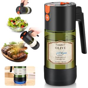 2-IN-1 Oil Sprayer for Cooking with 8 Stickers Light-Blocking Dark Glass Olive Oil Dispenser Bottle for Kitchen 500ml/16.9oz Oil Mister for Air Fryer, BBQ,Salad Even Spray with Portion Control