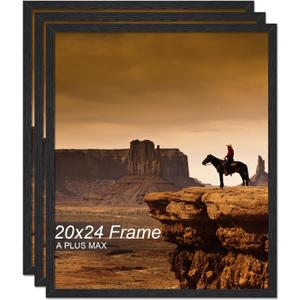 A PLUS MAX 20x24 Picture Frame Set of 3, Black Engineered Wood Frame for 20 x 24 Inch Picture Poster Photo, Light Weight 20 by 24 Frame with Wood-grain for Wall - 3 Pack/Black/20 x24