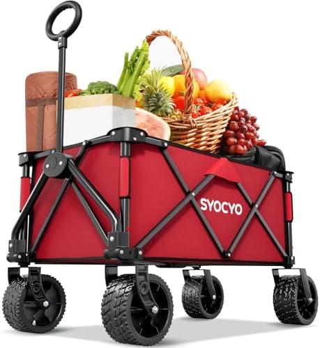 Collapsible Folding Wagon Cart, Heavy Duty Wagon Foldable with 330lbs Weight Capacity, Utility Garden Cart, Beach Wagons with All-Terrain Wheels for Camping, Sports, Shopping, Red