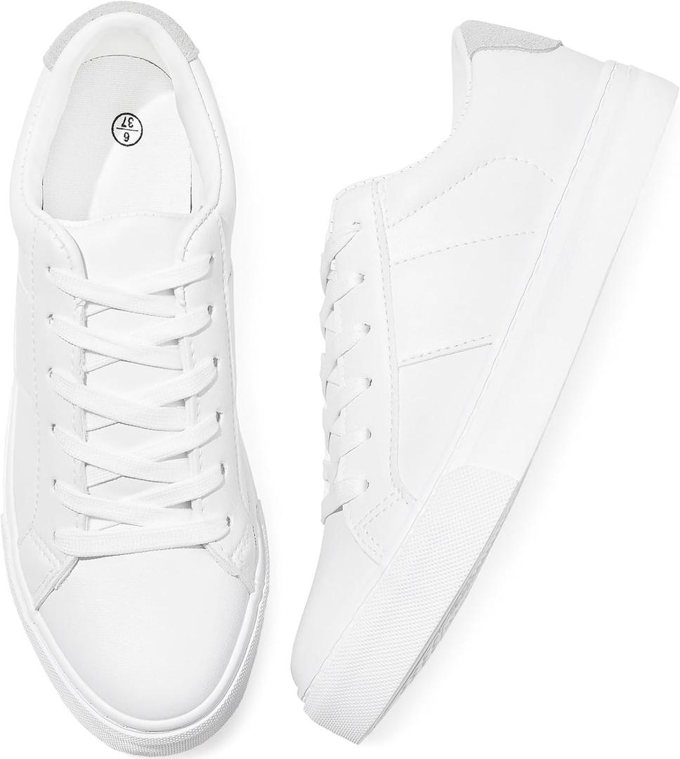 Adokoo Women's Fashion Sneakers PU Leather Casual Shoes White Tennis Low Top Shoes Womens Lace Up Sneakers (9)