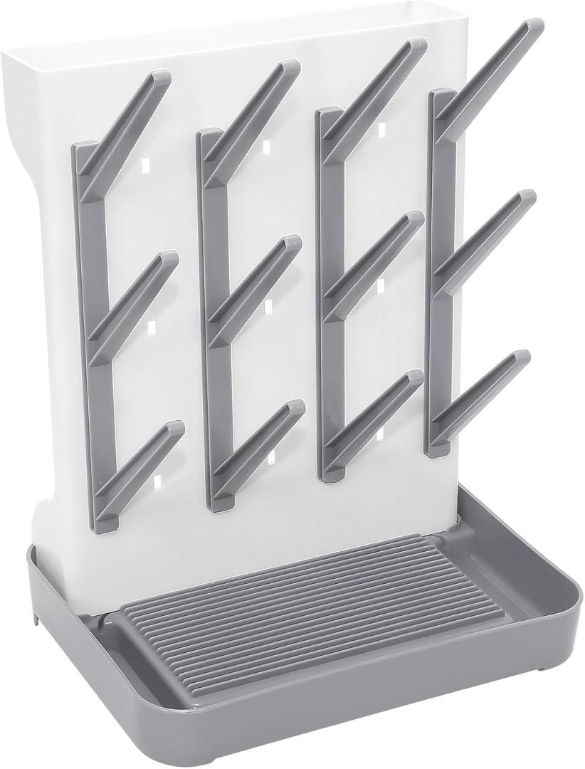 Baby Bottle Drying Rack, Vertical Space Saving Countertop Holder - Large Capacity for 12 Bottles, Pump Parts, Pacifiers, Brushes, Sippy Cups - BPA-Free, Baby Accessories Organizer - Grey