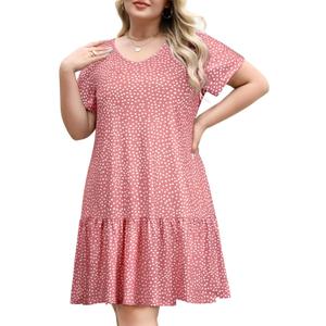 Women's Plus Size Tiered Midi Tunic Dresses 2025 Sexy V Neck Short Sleeve Casual Summer Loose T Shirt Sun Dress (Pink With White Polka Dots)