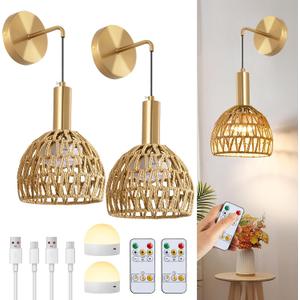 Boho Battery Operated Wall Sconce, Wireless Sconces Set of 2 with Remote, Rattan Upgrade Rechargeable Wall Sconces Set of Two for Bedroom, Living Room, Entryway, 3 Colors Dimmable, (Gold)