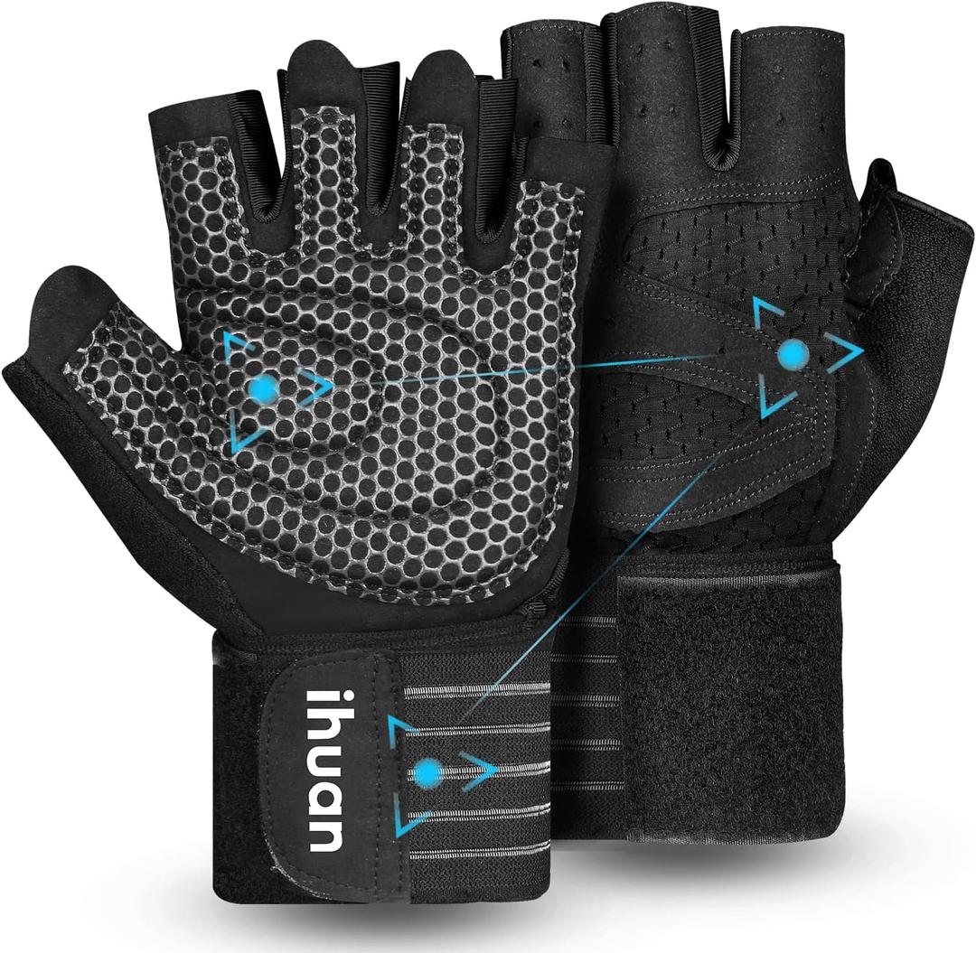 ihuan Ventilated Weight Lifting Gym Workout Gloves with Wrist Wrap Support for Men & Women, Full Palm Protection, for Weightlifting, Training, Fitness, Hanging, Pull ups (XX-Large, Black)