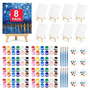 4 Pack 8 * 10In Canvas Boards for Painting, Art Canvas for Drawing with 16 Brushes & 8 Paint Trays & 16 Acrylic Paint, Mini Painting Canvas with Easel Set, Painting Kits for Adults & Kids Party