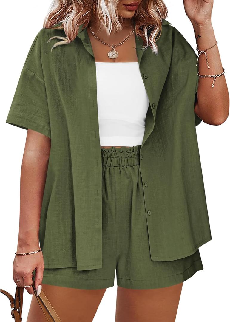 IN'VOLAND Women's Plus Size 2 Piece Tracksuit Outfits Sets Cotton Linen Sets Short Sleeve Shirt Summer Casual Shorts Set (Army Green)