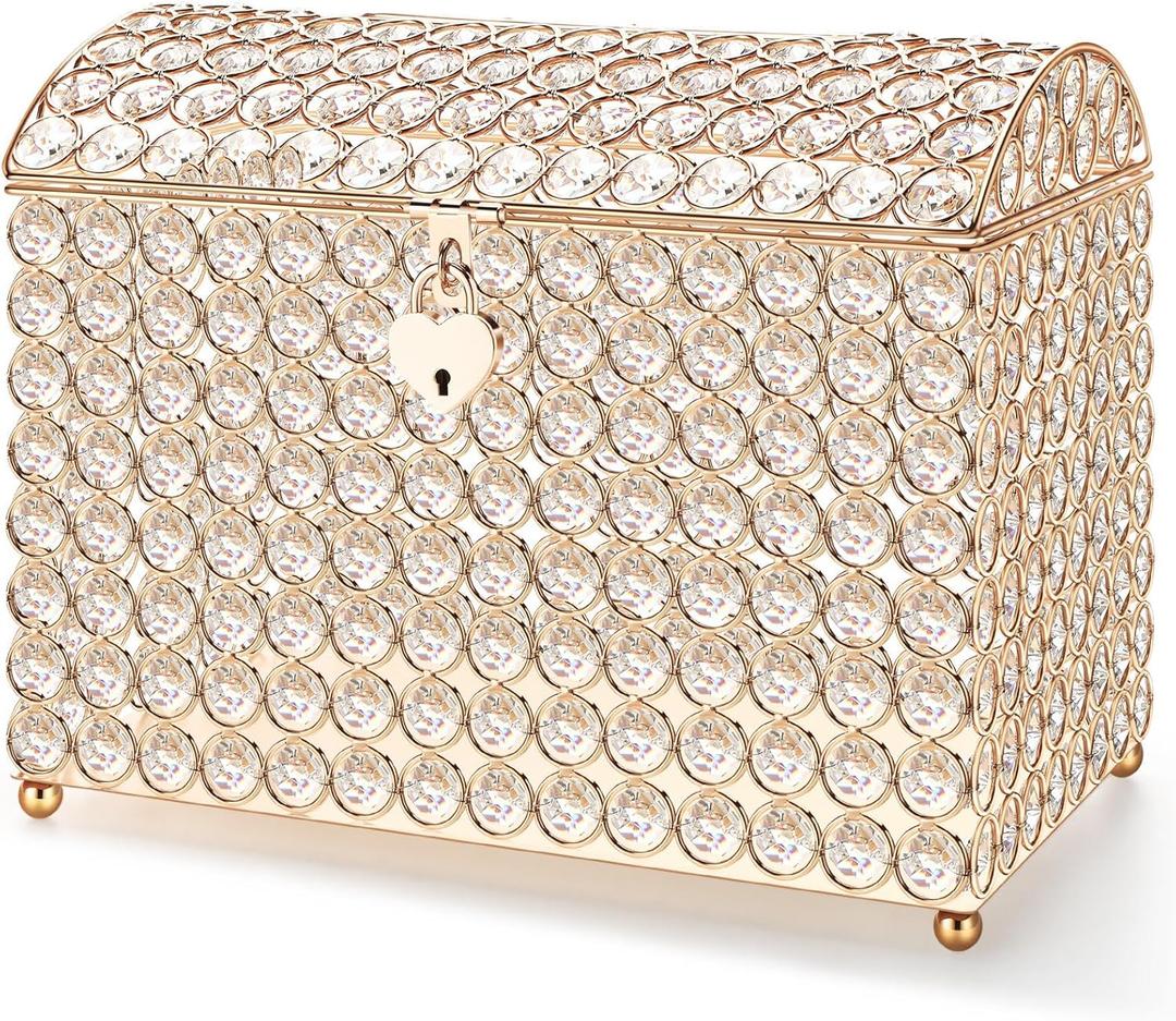 Nitial Crystal Wedding Card Box with Heart Lock 11in Wedding Money Box Treasure Chest Gold Bead Card Receiving Memory Storage for Reception Brithday Graduation Baby Shower Party (Elegant Style)