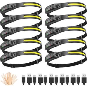 New LED Headlamp Rechargeable, 230 Wide Beam Head Lamp for Forehead, 6Mode Hard Hat Light for Adults, Flashlight for Work, Hiking, Running, Camping Essentials Gear, Gifts for Men (10Packs)