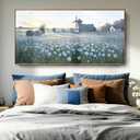 Large Framed Modern Canvas Wall Art, Natural Rural Farm Print Picture, Blue Windmill Flower Field Landscape Art Decor For Living Room, Bedroom, Dining Room, And Kitchen. 48X24 Inches.
