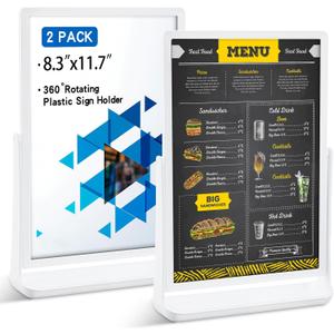 Thyle 2 Pack Plastic Sign Holder Rotating Double Sided Menu Displays Stand 8.3" x 11.69" T-shaped Tabletop Sign Stand for Office, Store, Restaurant, Conference, Trade Show, Wedding Events(White)