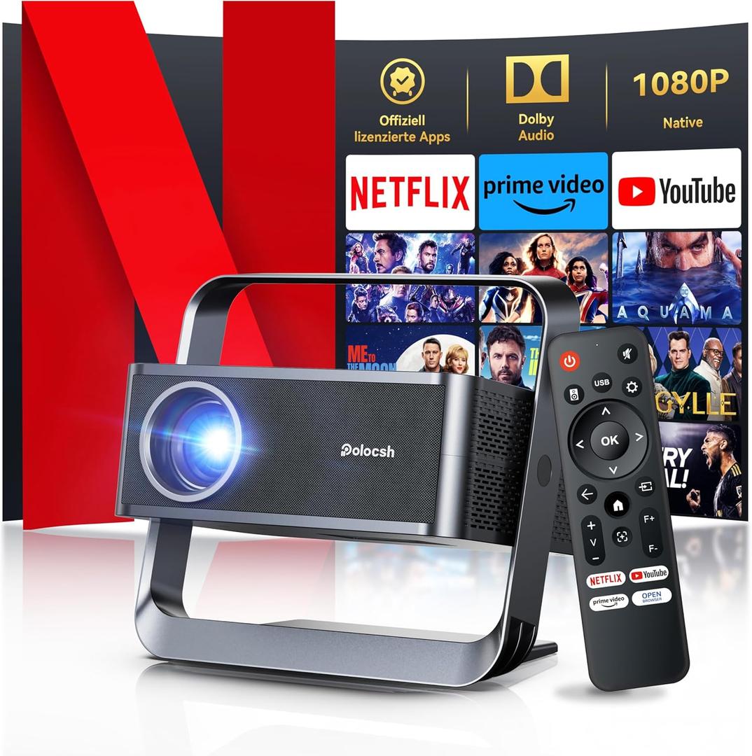 Polocsh Mini Projector Netflix-Licensed Dolby Audio with WIFI 6 and Bluetooth 5.2 Auto Focus & Keystone 600ANSI Native 1080P 4k Projectors Home Theater Movie Portable Outdoor Projector