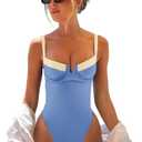 SKAYS Womens V Wire Push Up One Piece Swimsuits Color Block Bathing Suit Cute Tie Back Adjust Swimwear (X-Large, Blue)