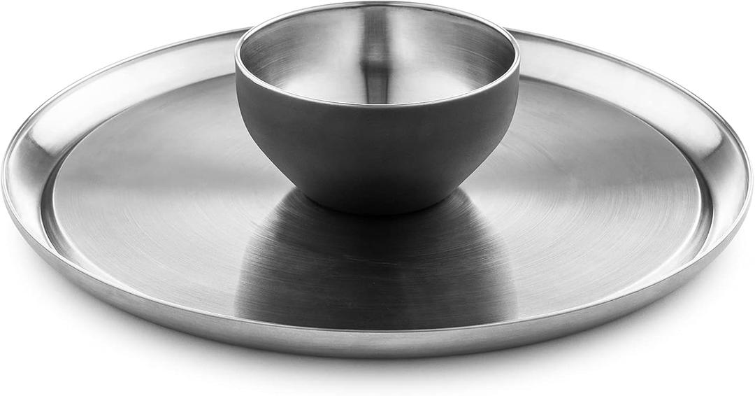 Chip and Dip Serving Set - Stainless Steel Appetizer Tray w/Shrimp Cocktail Platter & 13 Inch Round Cake Stand - Stylish & Versatile Kitchen Accessory for Displaying Desserts