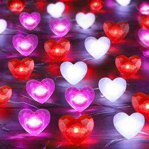 [Timer] 2 Pack Valentines Day Decor 20FT 60 LED Heart Twinkle Fairy Lights Battery Operated, 8 Modes Romantic Red Pink White Heart String Lights Valentines Decorations for Home Party Bedroom Wedding