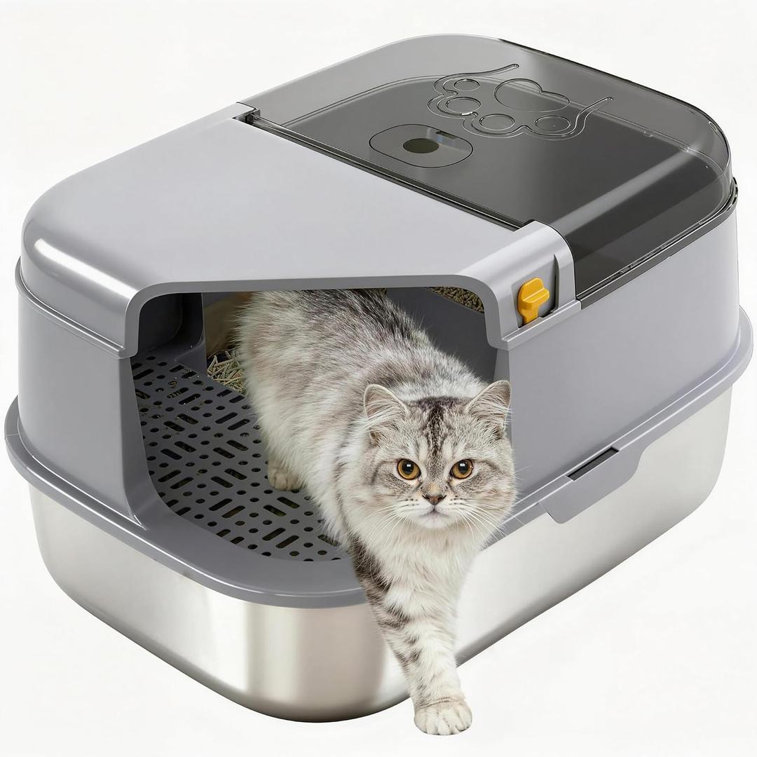 3-in-1 Convertible Cat Litter Box, ABS + Stainless Steel Pan, Enclosed Low Entry High Sided Box with Litter Trapping Grid, 23.1x16.93x14.1 Inch, for Senior Kittens & Large Cats（Grey）