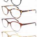 MODFANS Women Reading Glasses 4Pack Large Round Frame Readers Spring Hinges with 4 Pouch, 1.25