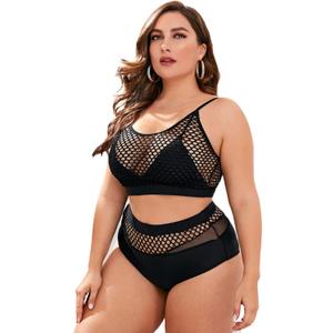 Floerns Women's Plus Size Bathing Suit Fishnet High Waist Bikini Set Rave Outfit (Black, XXXL)