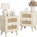 BOLUO Wood Night Stand Set 2, Small Nightstand with 2 Drawers Boho Nightstands Wooden Rattan Bedside Table for Bedroom Beige