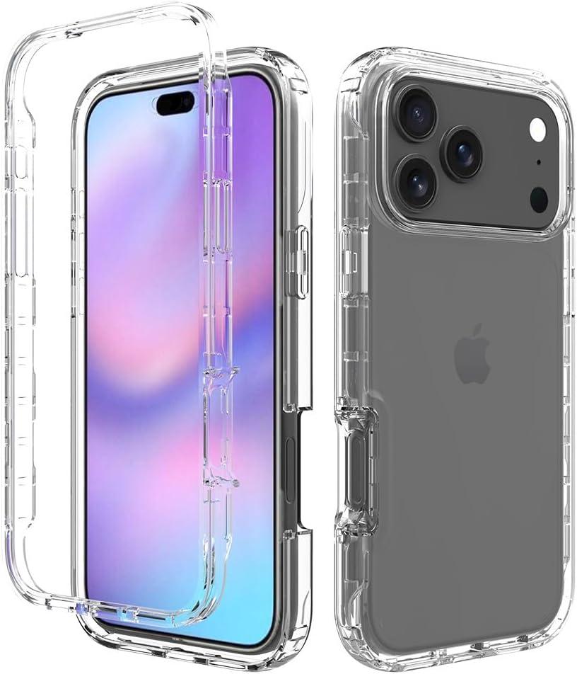 for iPhone 17 Pro Max Case, for iPhone 17 Pro Max Phone Case with Built-in Screen Protector Clear Slim Back Cover Shockproof Rugged Heavy Duty Bumper Full Body Protective Case, Clear