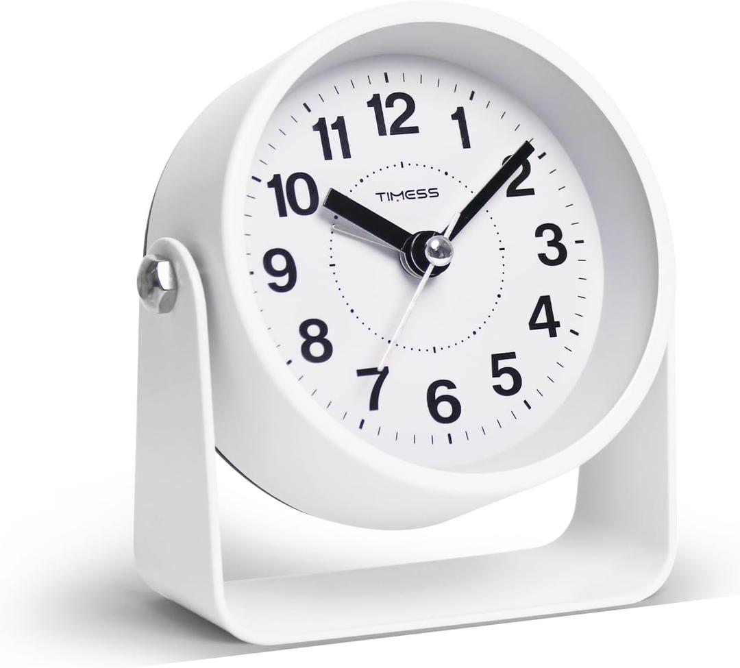 TIMESS Analog Alarm Clock, Silent Non-Ticking Quartz Movement, Battery-Operated with Snooze & On-Demand Light, Easy to Set Gentle Wake Bedside Desk Clock, Ideal for Home, Travel, Office (White)