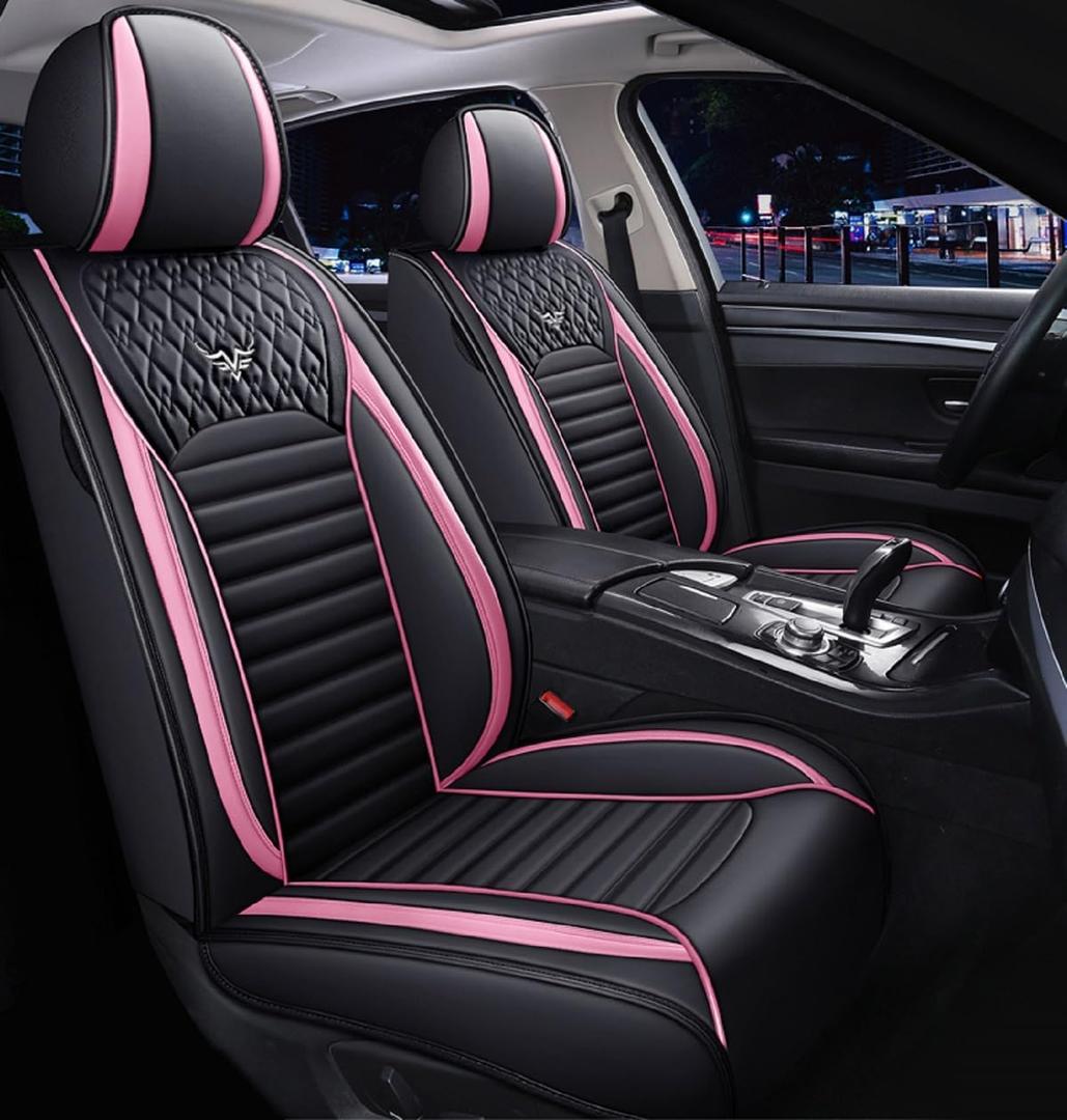 Saienno S02 Leather Car Seat Covers 5 Seats Front & Rear Seat Protector Full Set Universal FitAirbag Compatible (Black&Pink)