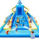 Inflatable Water Slide, 13FT Shark-Themed Large Bounce House with Dual Slides, Climbing Wall, Deep Pool, Water Cannon, 680W Blower, Storage Bag, Backyard Blow Up Water Park for Kids Aged 310
