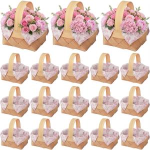 18 Pcs Pink Floral Woven Baskets with Handle with 18 Sheet Pink Floral Napkin For Flower Fruit Picnic Basket Chip for Wedding Birthday Bridal Shower Baby Shower Favor Gift (Mini)