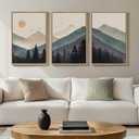 Cuspin Boho Framed Mountain Forest Landscape Wall Art, 3 Piece Bohemian Canvas Prints, Modern Nature Wall Art for Living Room, 3 Count, 16x24 Inch