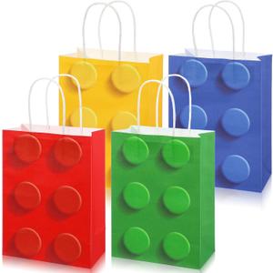 Sabary 24 Pcs Building Block Party Favor Gift Bags, Bricks Candy Treat Paper Bags, Gift Goodie Bag with Handle for Building Block Birthday Party Baby Shower Decoration Supplies