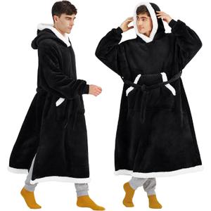 Bedsure Wearable Blanket Hoodie, Long Hooded Blanket Sweatshirt as Christmas Birthday Gifts for Men, Cozy Sherpa Hoodie for Adult, Oversize, Black