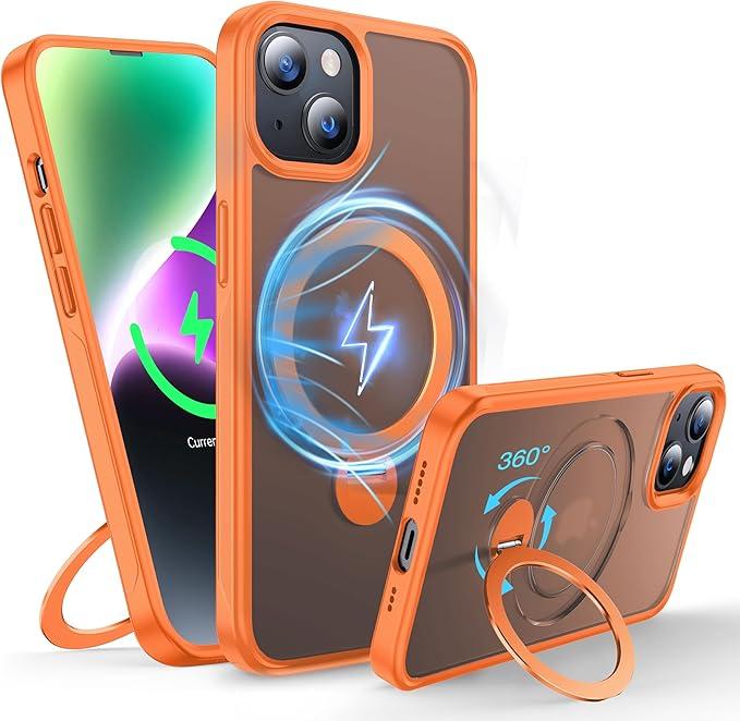 360Rotatable Magnetic Ring for iPhone 12 Case/iPhone 12 Pro Case Compatible with MagSafe[Non-slip Texture][Built-in Kickstand][Military Shockproof]Translucent Matte Silicone Bumper Slim,Orange