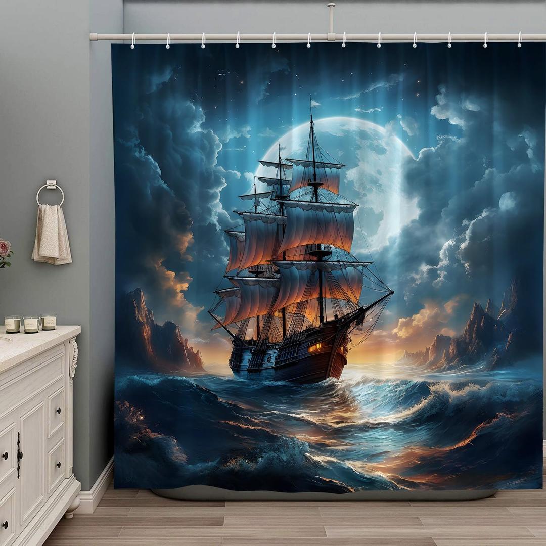 Pirate Ship Shower Curtain Nautical Sailboat Sailing Ocean Adventure Full Moon Cloudy Night Sky Polyester Fabric Bathroom Decor Curtains Set with Hooks 70Wx70H Inch (Blue)