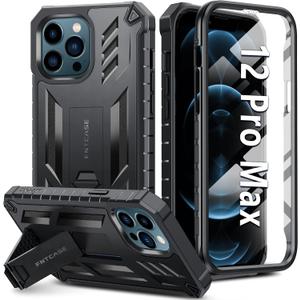 FNTCASE for iPhone 12 Pro Max Case: [Built-in Screen Protector & Kickstand] [Military Grade Drop Protection] Heavy Duty Full Protective Matte Textured Shockproof TPU Rugged Phone Cover - Black