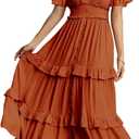 Amegoya Women's Summer Boho Tiered Maxi Dress V Neck Smocked High Waist Long Flowy Dress, Burnt Orange, M