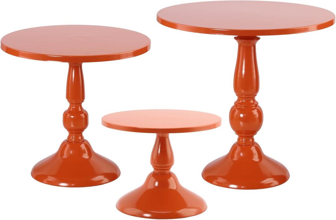 Set of 3 Orange Cake Stands, Metal Round Cake Holder Dessert Pie Pizza Display Stand 8" 10" 12" Serving Tray Halloween Decoration for Wedding Celebration Party Birthday Baby Shower