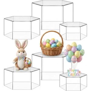 Jerify 6 Pcs Acrylic Risers Display Stands, 5.91'' 5.12'' 3.54'', Clear Hexagon Nesting Pedestal Shelf with Hollow Bottom for Tabletop Jewelry Display, 3 Sized