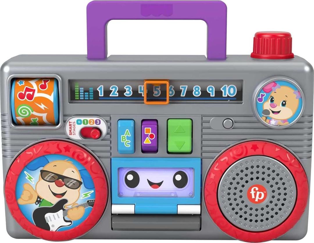 Fisher-Price Laugh & Learn Busy Boombox, Retro-Inspired Musical Infant Activity Toy with Learning Content for Baby and Toddlers (Amazon Exclusive), Compact, suitable for young children