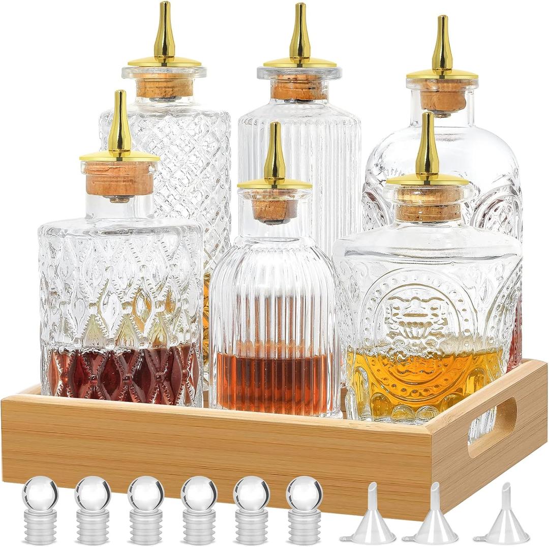 SuproBarware Bitters Bottle for Cocktail Set of 6 Glass Bottle with Display Tray Vantage Decorative Bottles Perfect for Bartender, Home Bar, Cocktail